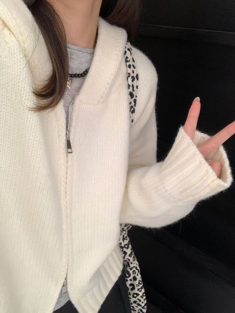 Ragazza Ragazza Ragazza Stile College Moda Nuovo Largo Corto Cerniera Con Cappuccio Donna 2024 Autunno Inverno Versatile Maglione Lavorato a Maglia da Donna_voghion.com