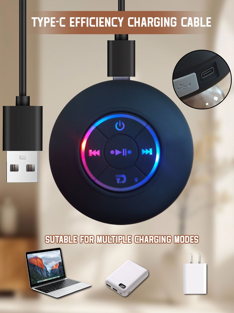 Wasserdichter Bluetooth-Lautsprecher mit bunten LED-Leuchten, starkem Saugnapf und Telefonhalter, tragbarer Mini-Lautsprecher für den Außenbereich/Show_voghion.com