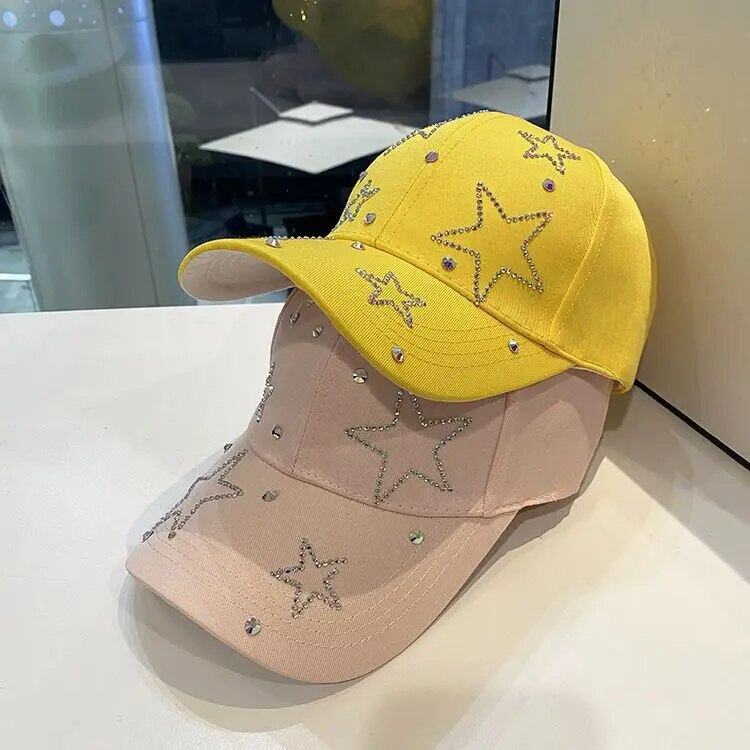 Cappello da sole da donna con stella a cinque punte intarsiata con diamanti, berretto con visiera femminile casual regolabile in cotone primaverile ed estivo_voghion.com