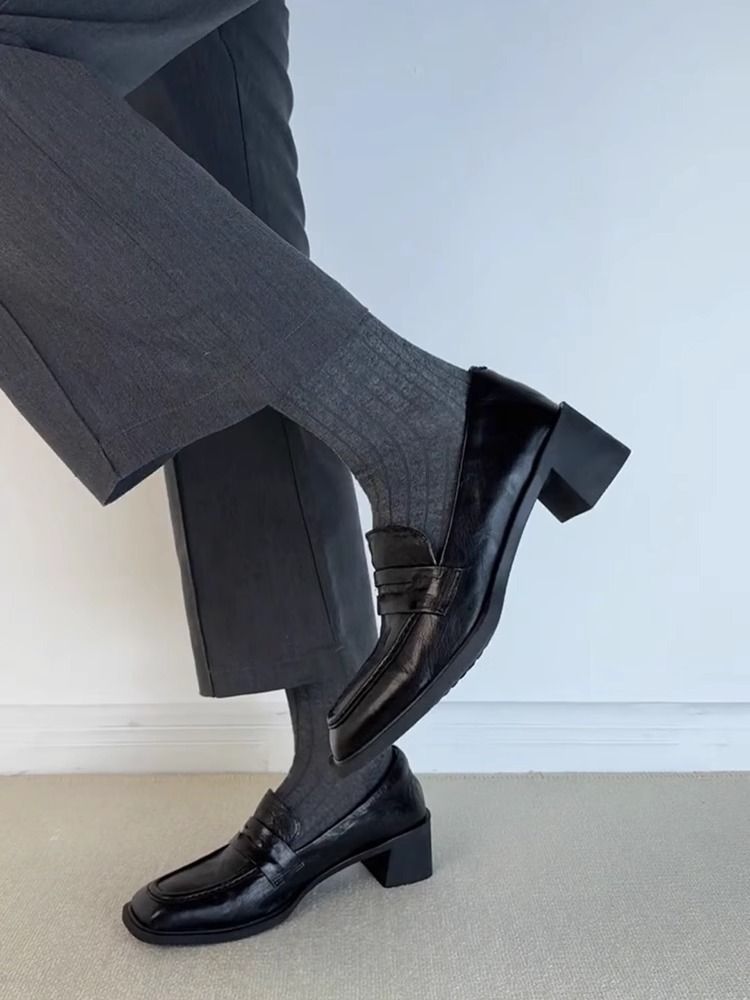 Mocassini Lancui Commuter 2025 Primavera con punta quadrata e tacco spesso, da donna, neri, senza lacci, con tacco medio_voghion.com