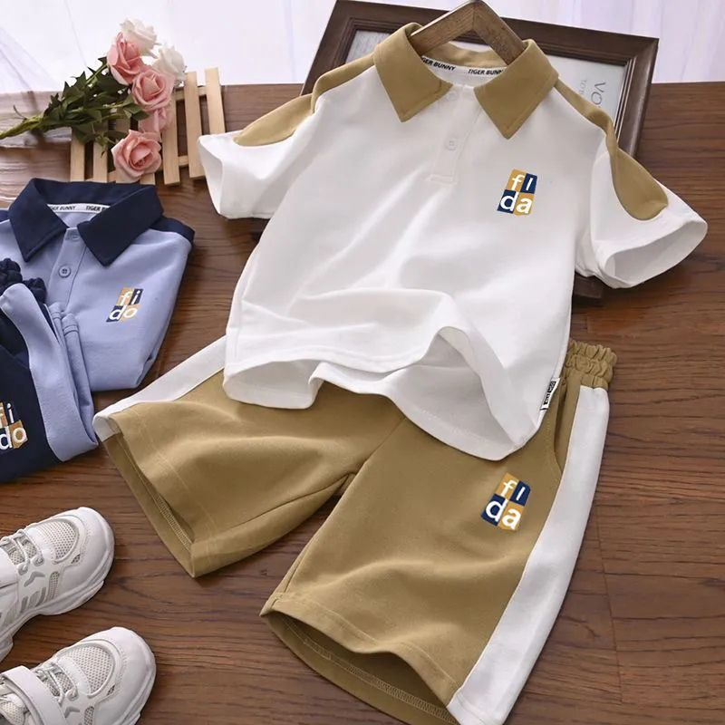 Ensemble deux pièces pour garçons, version coréenne, haut à col polo et short à imprimé lettres, tendance, nouvelle collection été_voghion.com