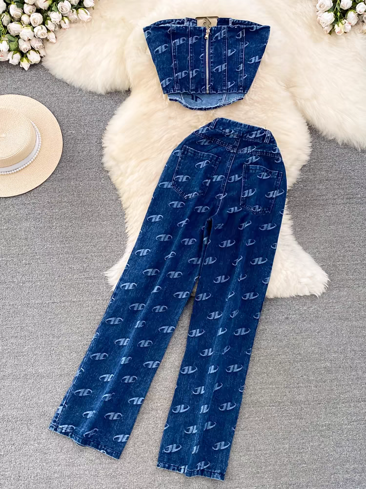 Damenbekleidung Modischer Anzug für Damen, Retro-Temperament, Jeansweste mit Tube-Top, zweiteiliges Set, lässige, schmale, gerade Hose mit hoher Taille_voghion.com
