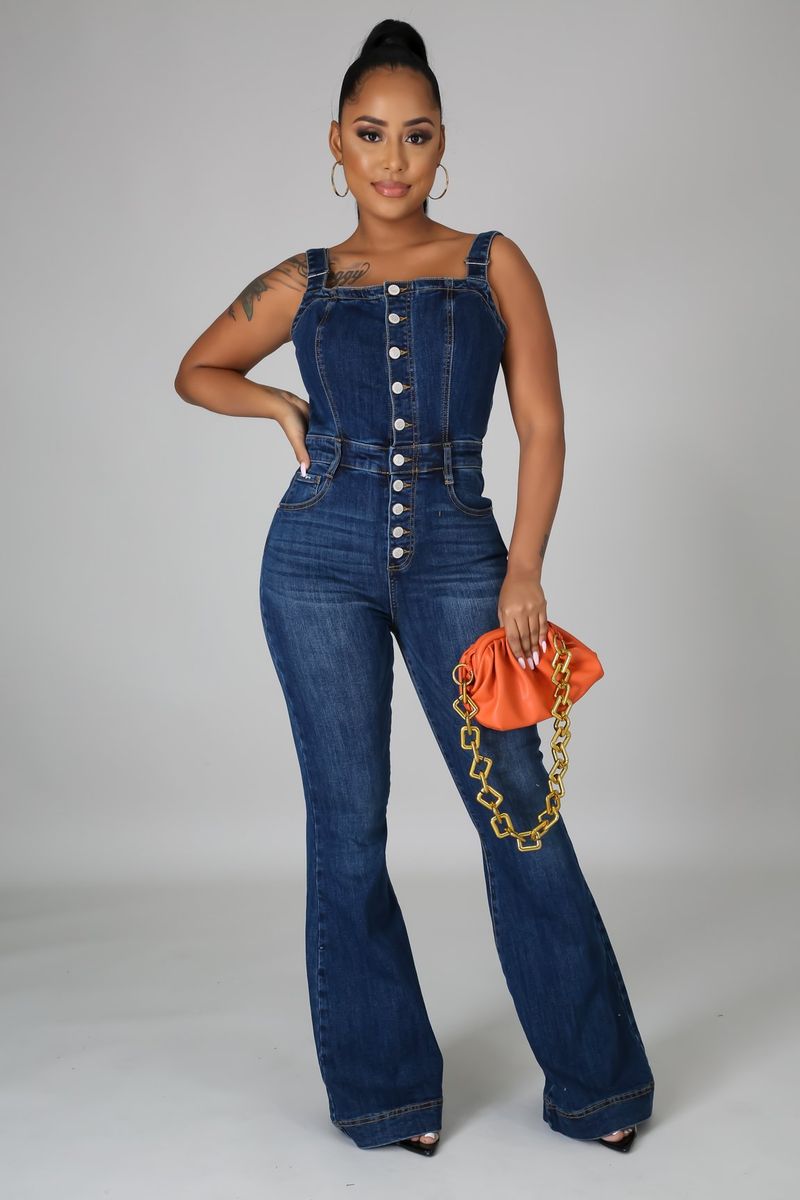 Roupas femininas Casual Sexy Suspensórios Denim Macacão Calças de perna larga_voghion.com