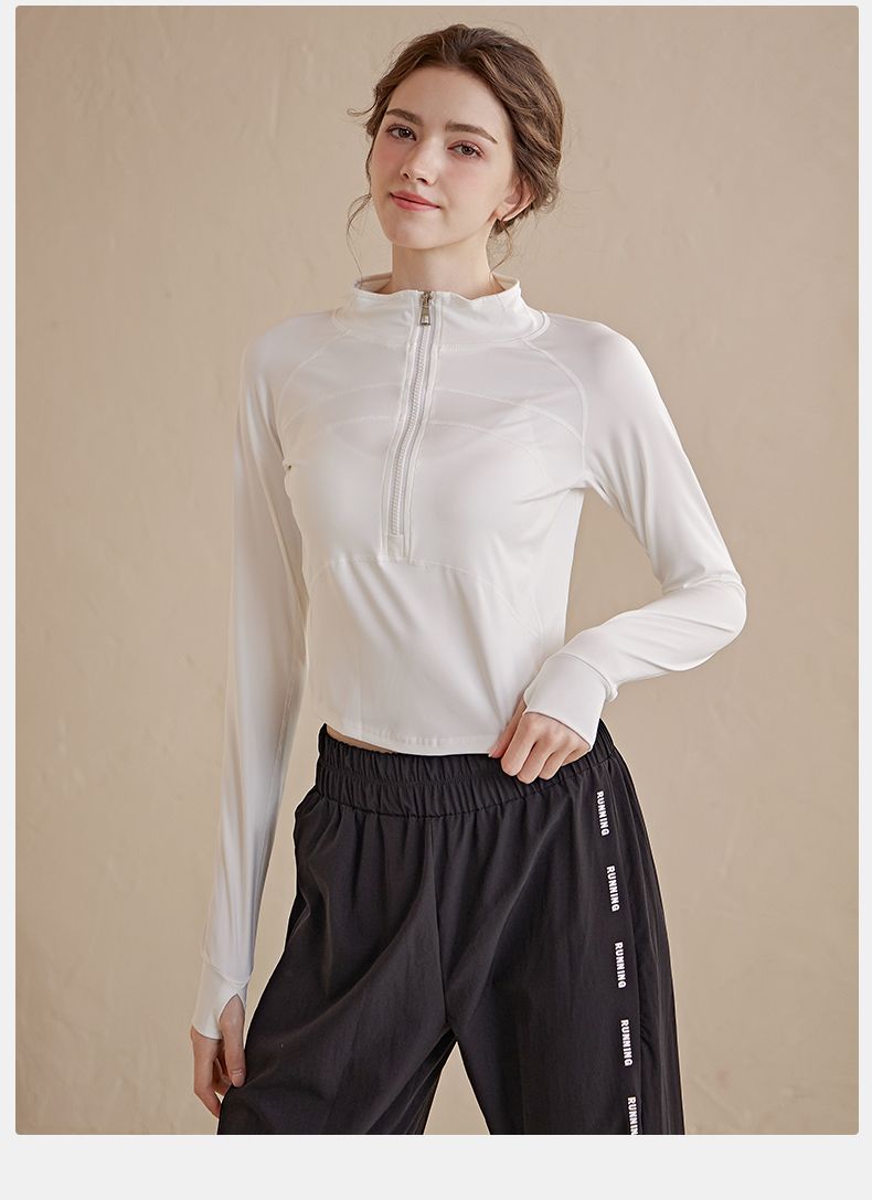 Maglia da yoga con mezza cerniera per donna, manica lunga, nuovo stile 2024, vestibilità slim, top fitness da corsa autunnale e invernale_voghion.com