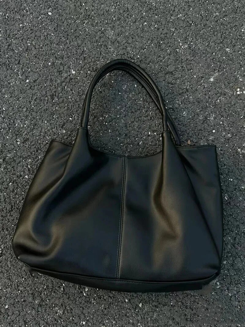 Simple White Shoulder 2023 Women's PU Leather Soft Underarm Tote School Large Capacity Bag Full Student Shopping Handbag_voghion.com