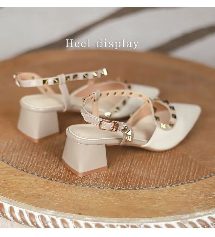 Women's 2025 Summer New Rivet High End Niche French Pointed Toe Thick Heel High Heels_voghion.com