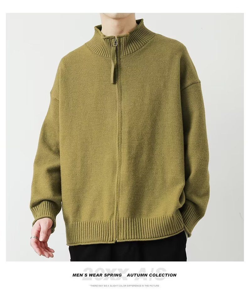 Men's British-Style Knit Jacket - Zip-Up Stand Collar Sweater (Black/Mustard/Green, M-XXXL)_voghion.com