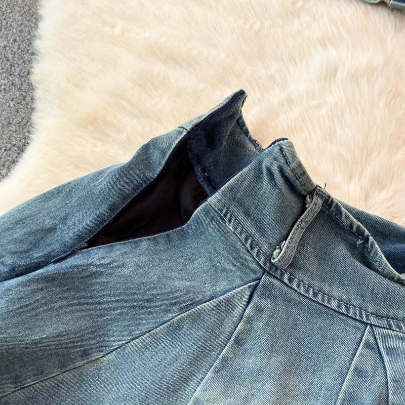 Roupas femininas Terno jeans retrô Top feminino Hottie Anti-exposição A Line Saia plissada Hottie Terno de duas peças_voghion.com