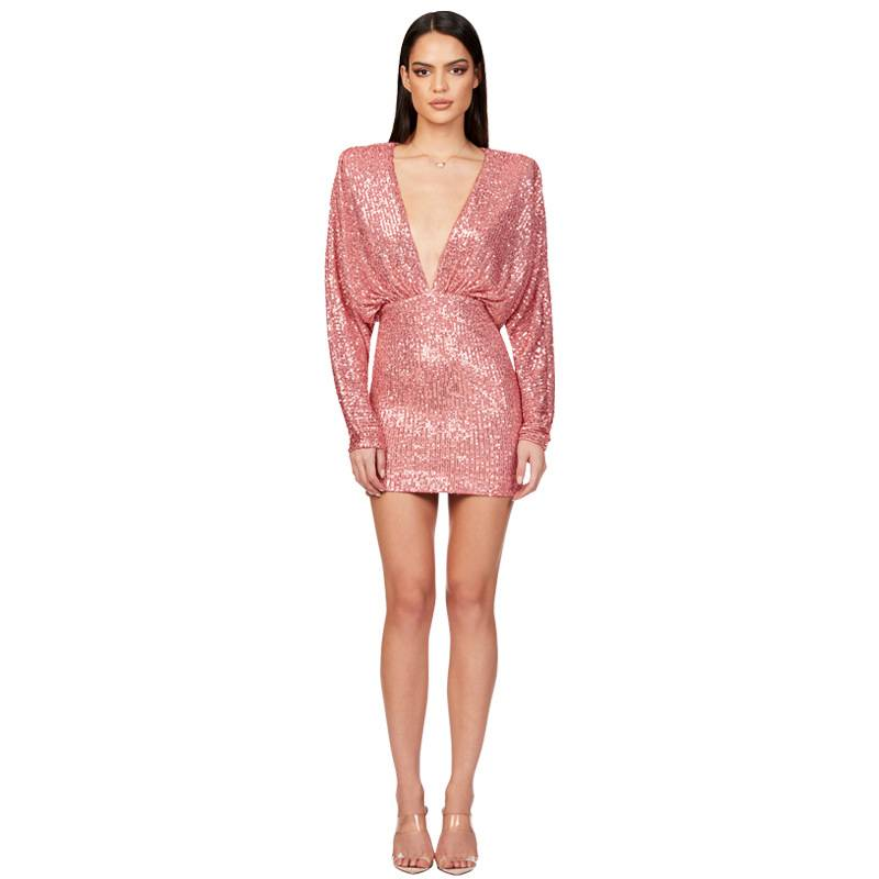 Women's fashion Deep V pleated long-sleeved dress Summer premium wrap hip halter sequin dress_voghion.com