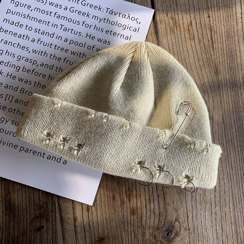 Women's Hats Ring Pin Hip Hop Wool Hat Autumn And Winter Couple Net Celebrity Fashionable Hole Hat Men And Women Knitted Hat_voghion.com