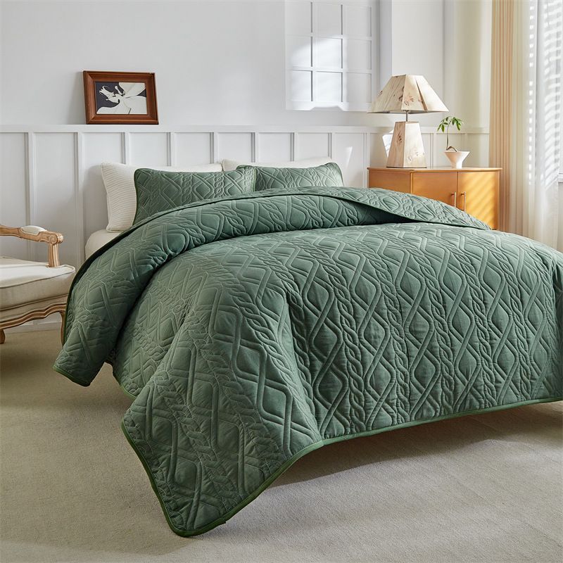 Modern Minimalist Diamond Quilted Bedding Set In Solid Colors - Light Grey, Beige, Green - Sizes 173x229cm To 264x229cm_voghion.com