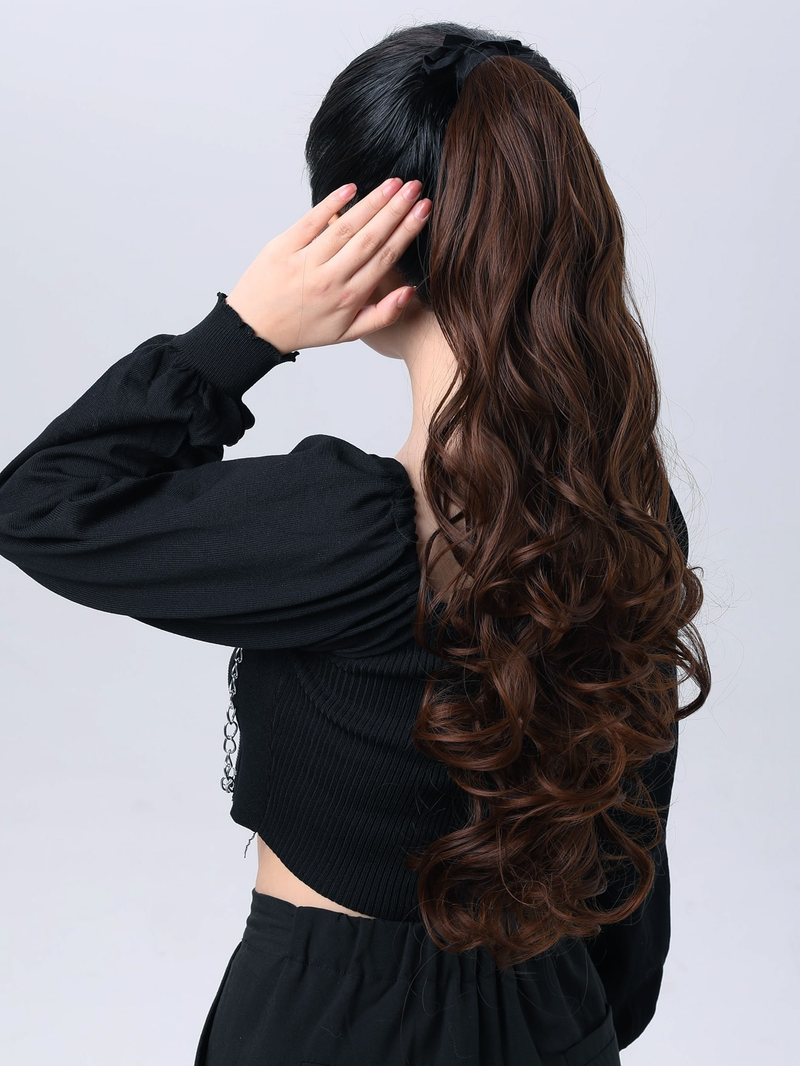Estensioni dei capelli ricci avvolgenti coda di cavallo marrone scuro Parrucchino lungo 24 pollici per regalo per donne e ragazze_voghion.com