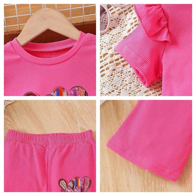 Mutter & Kinder Mädchen mode liebe gedruckt kurzarm hosen zwei-stück sommer rundhals spitze ärmel top anzug_voghion.com