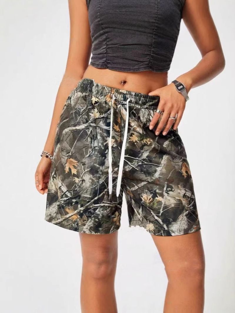 Short ample décontracté à cordon de serrage pour femme, imprimé branches d'arbres et camouflage, collection printemps-été 2025_voghion.com