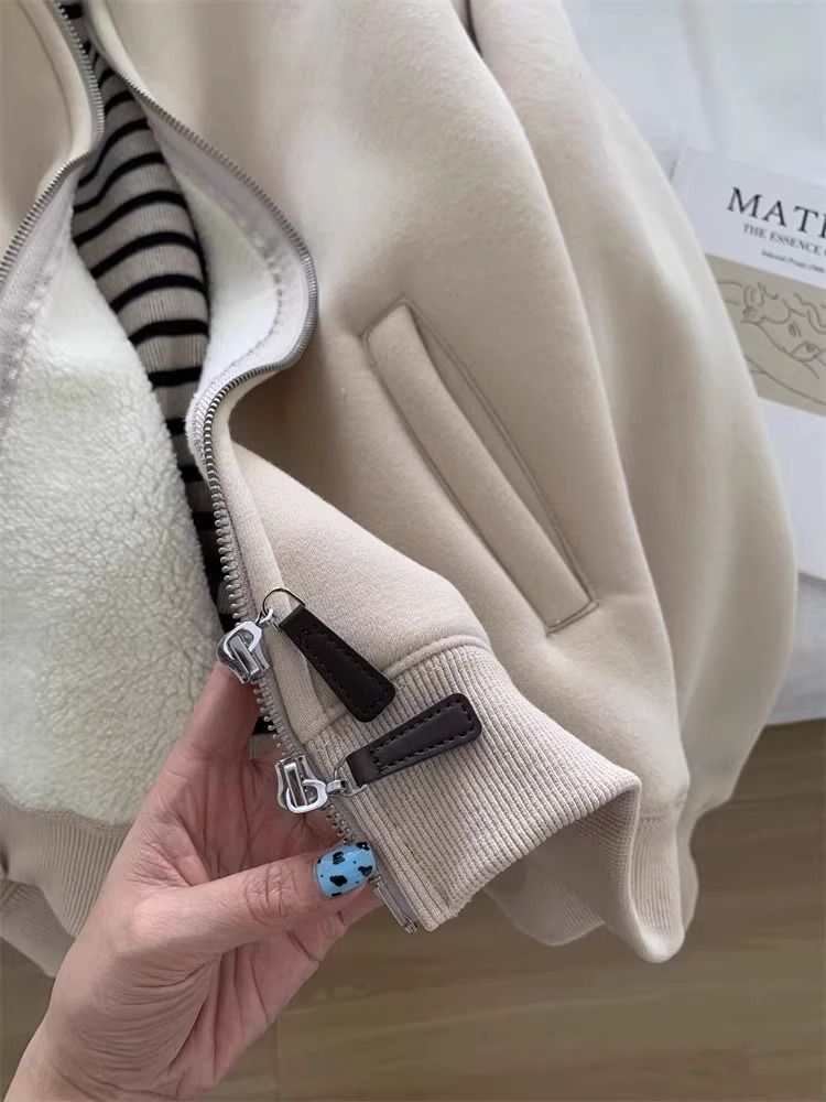 Winter Small Thickened Lamb Wool Sweatshirt Jacket For Women, Commuting Versatile Warm Casual Std Collar Zipper_voghion.com