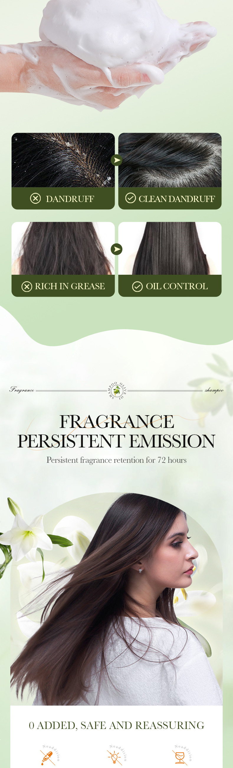 Szampon przeciwłupieżowy i kontrolujący wydzielanie sebum SADOER dla kobiet (zapach Gulong) – seria kosmetyków do pielęgnacji skóry z oliwą z oliwek, szampon 500 ml, żel pod prysznic 500 ml, odżywka 500 ml_voghion.com