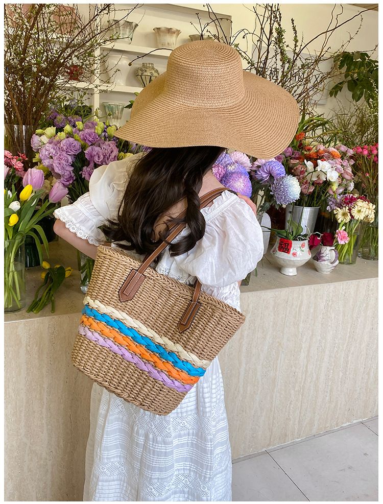 Straw Bag Woven Bag Boho Style Single Shoulder Straw Bag Rainbow Stripe Braided Bag Seaside Holiday Beach Bag_voghion.com