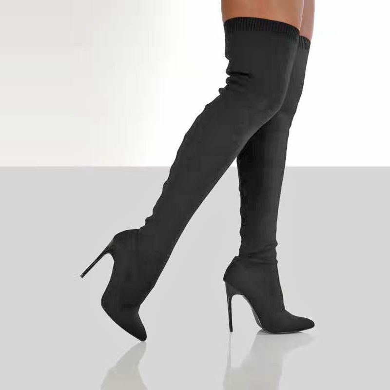Plus Size Shoes Women's Stretch Knit Over-the-Knee Boots With Pointed Toe And High Heel For Autumn Winter Flyknit Elastic Wool Slip On Peep Toe_voghion.com