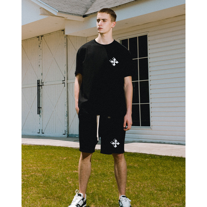 Trndy brand nw product damagd cross print casual vrsatil T-shirt short slvd shirt Amrican high strt coupl_voghion.com