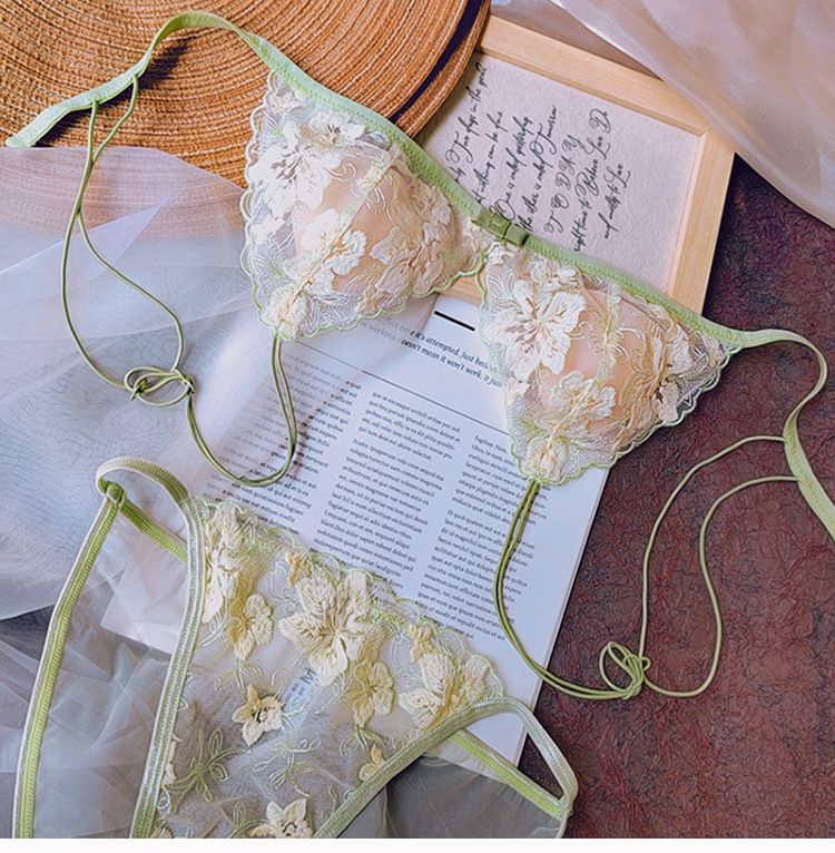 Women's Intimates Pure Desire Thin Strap Small Chest Lace Beautiful Back Bra Without Steel Ring Ultra Thin Triangle Cup Underwear Set For Girls_voghion.com