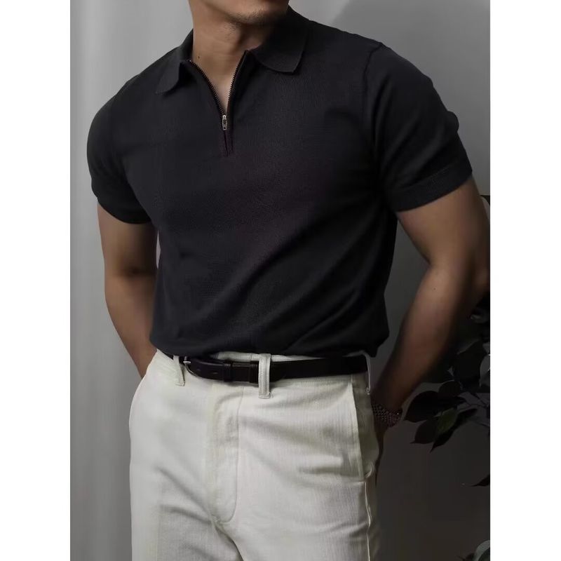 Herrenbekleidung Fabrik Direktverkauf Eisseide Strickoberteile für Männer High-End Sommer Leichte Luxus Herrenmode Kurzarm Poloshirt Halbreißverschluss_voghion.com