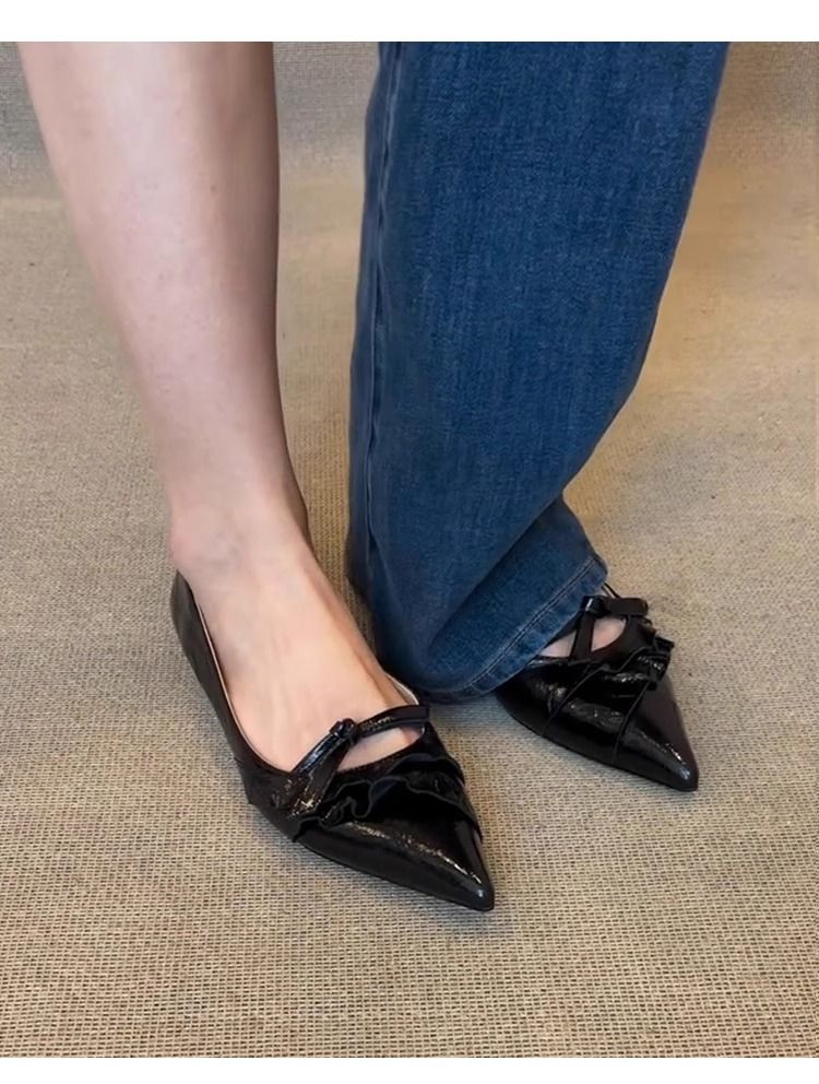 Sheepskin Version Temperament Pointed Shoes For Women, Versatile Black One Strap Genuine Leather Shallow Mouth Slip On Commuter Shoes_voghion.com