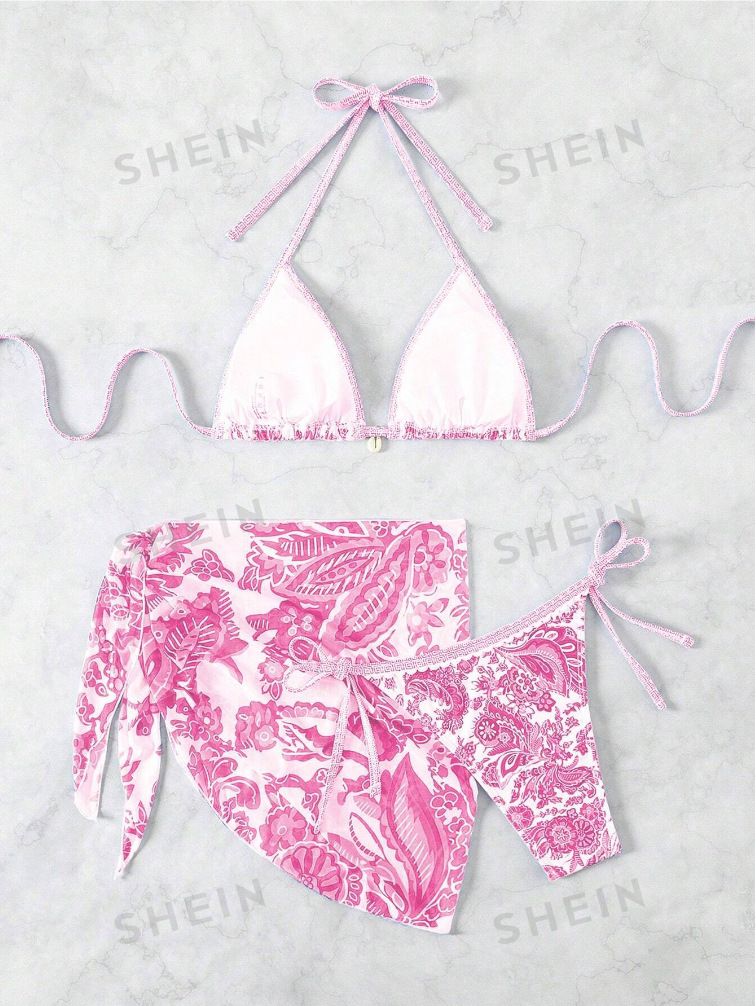 Maillot de bain trois pièces en maille imprimée, nouvelle collection 2024, bikini sexy avec accessoires coquillages_voghion.com
