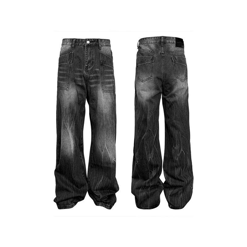 Source Factory Black Washed Straight Jeans Men's Loose Versatile High Street Vibe Street Design Pants Trendy_voghion.com