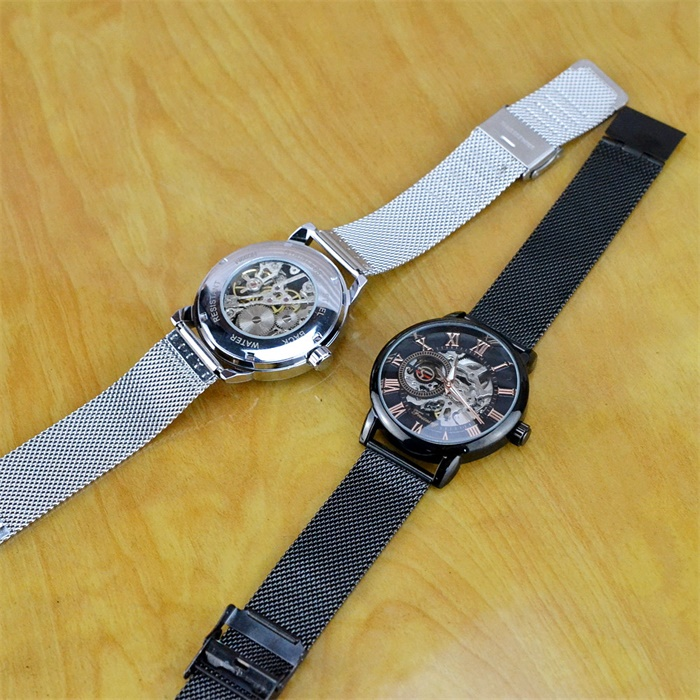 Men's vintage mechanical watch double hollowed manual leisure mechanical watch waterproof steel band glow-in-the-dark watch_voghion.com