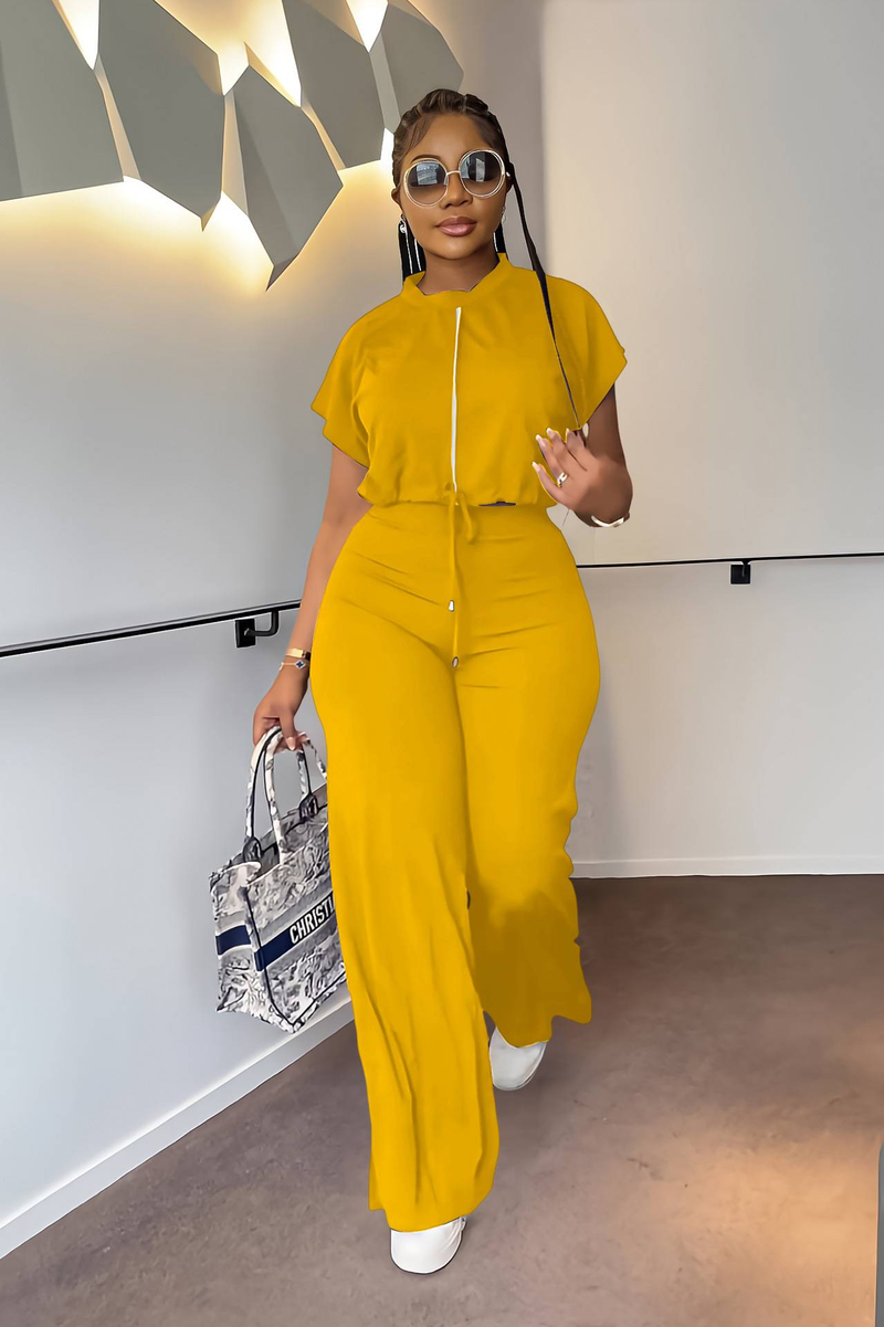 Completo due pezzi da donna con coulisse, pantaloni a vita alta e spacchi corti_voghion.com