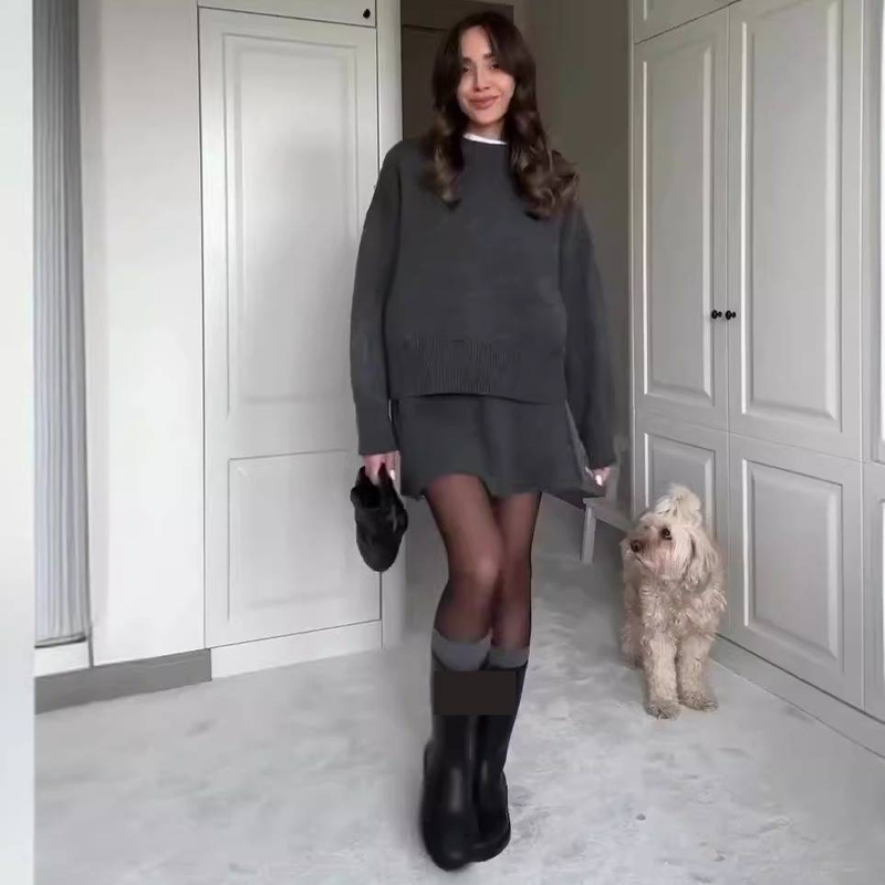 Herbstliches, lässiges Strickpullover- und Rock-Set für Damen – stylischer A-Linien-Rock und langärmliges Oberteil, weiches Polyester, bequeme Passform_voghion.com