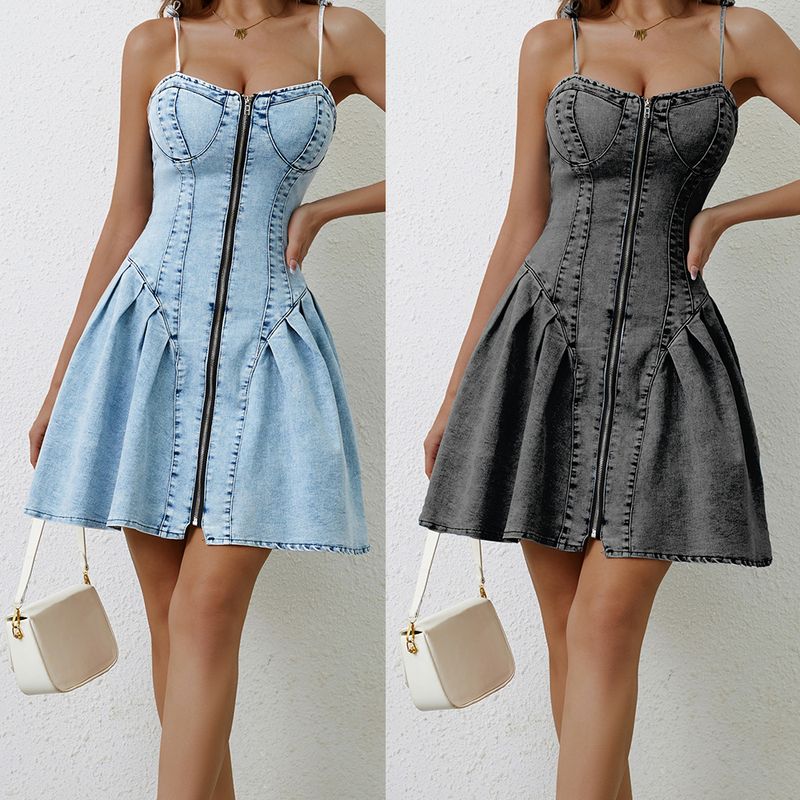 Damenbekleidung Frühling und Sommer Persönlichkeit Street Splicing Hosenträger Denim Kleid_voghion.com
