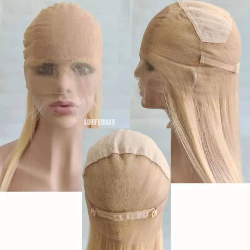 Honingblonde golvende kantpruik van menselijk haar, 24 inch, lijmloze zijden basis, volledige kantpruiken_voghion.com