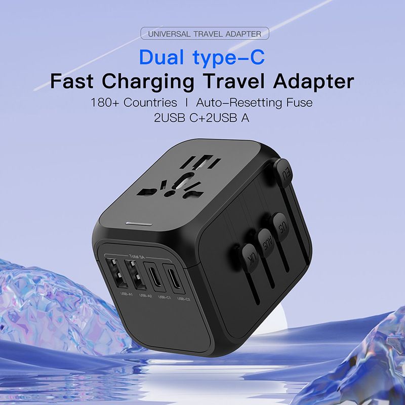 Adaptador de viagem global com 4 portas USB – Conversor de energia universal para EUA/Reino Unido/UE/AU (2000 W, 2 USB-C + 2 USB-A, proteção contra sobrecarga, segurança para crianças)_voghion.com