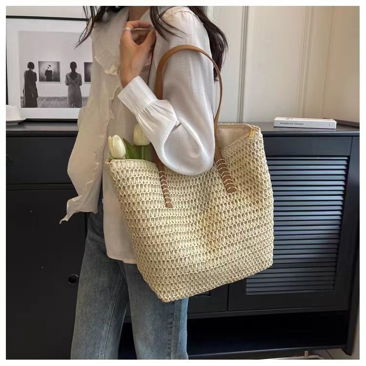 Modische, einschultrige Tasche mit großem Fassungsvermögen für Damen, Sommertasche aus Grasgewebe, gewebte Tasche, Strandtasche für den Strandurlaub_voghion.com