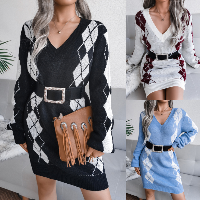 Gonna in maglia a rombi in stile college da donna, abito lavorato a maglia da donna_voghion.com