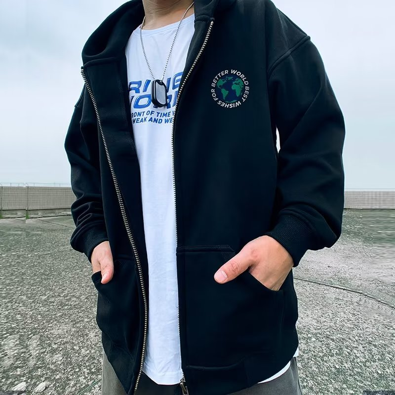 Oversize autumn winter loose and oversized hooded plush zippered cardigan, chubby hoodie, men's trendy jacket_voghion.com