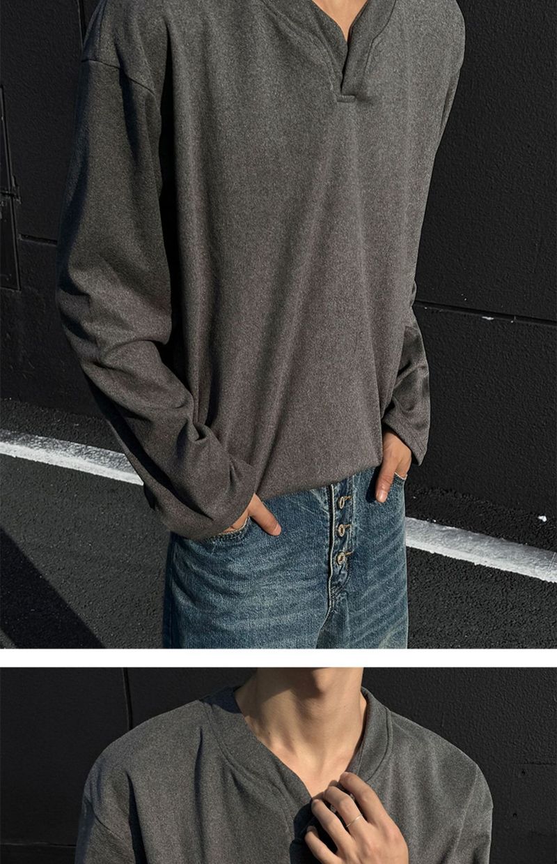 boy Boy Autumn Winter De Velvet V-Neck Sweatshirt Warm Inner Layer Base Shirt Long Sleeve T-Shirt Top Trendy Men's Cool Fashion_voghion.com