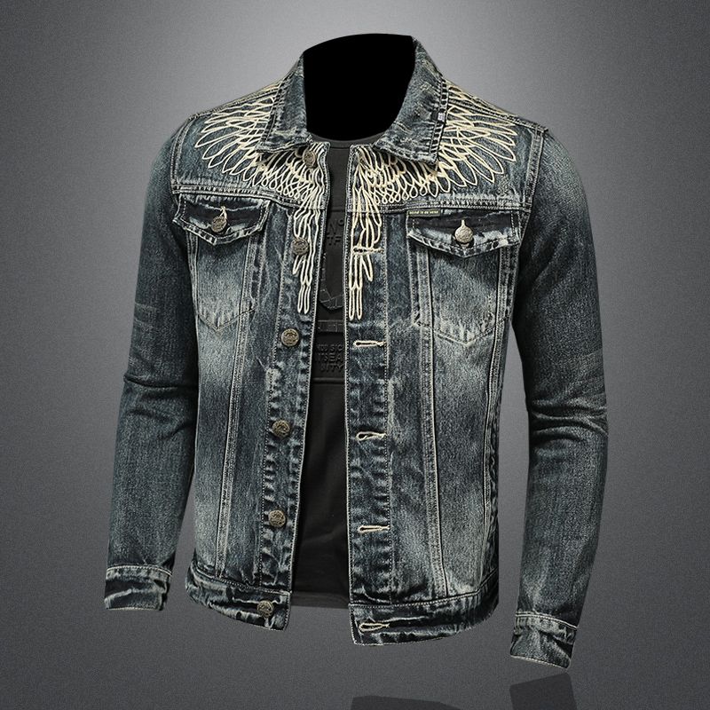 Herrenbekleidung, bestickter Jeansstoff mit schweren Flügeln für Herren, Boutique-Jeansjacke für Herren_voghion.com