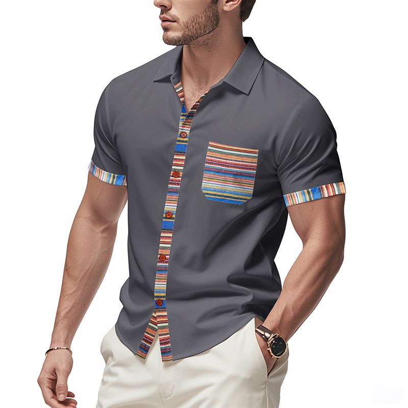 Men's Clothing TK New Summer Men's Loose Casual Light Luxury Bohemian Style Contrast Color Shirt Short Sleeved Cardigan_voghion.com
