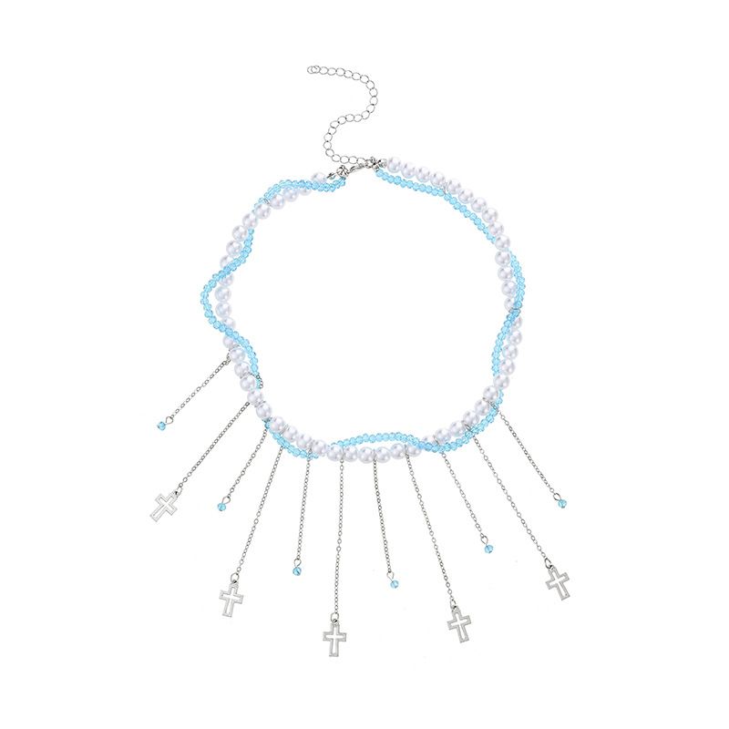 Halskette mit Perlenkreuzanhänger für Damen, einzigartige und elegante Schlüsselbeinkette mit Quaste_voghion.com
