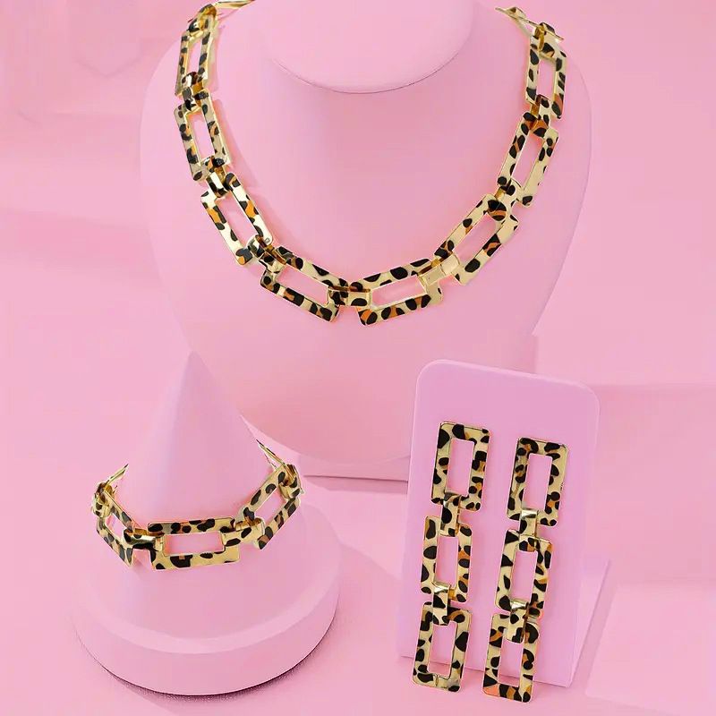 Jewelry Sets Necklace Earring Set Ring Bracelet Set 1 Square Chain Style Leopard Print Gold Necklace Bracelet Earring Set Elegant Personality_voghion.com