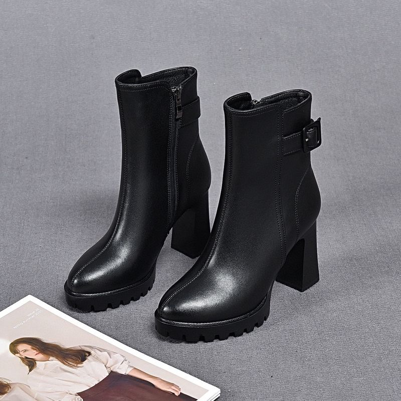 Stivali in pelle con fibbia e tacco alto impermeabili con plateau per donna Stivali termici in pelle_voghion.com