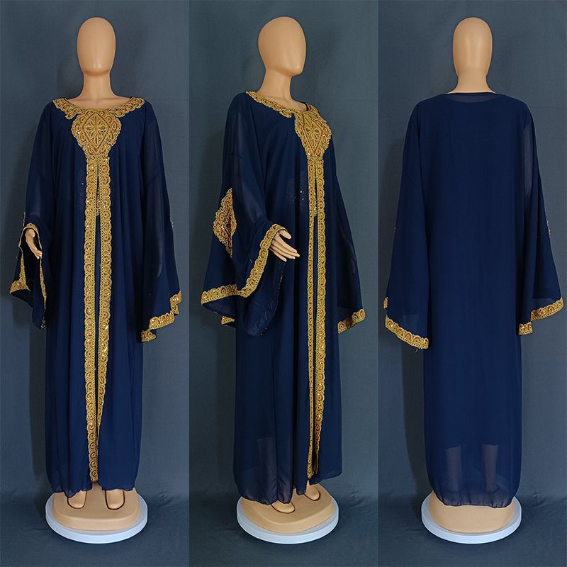 Rochie de damă Jalabiya musulmană din Orientul Mijlociu Malay cu mâneci trompetă brodate Robă brodata din dantelă aurie 8872_voghion.com