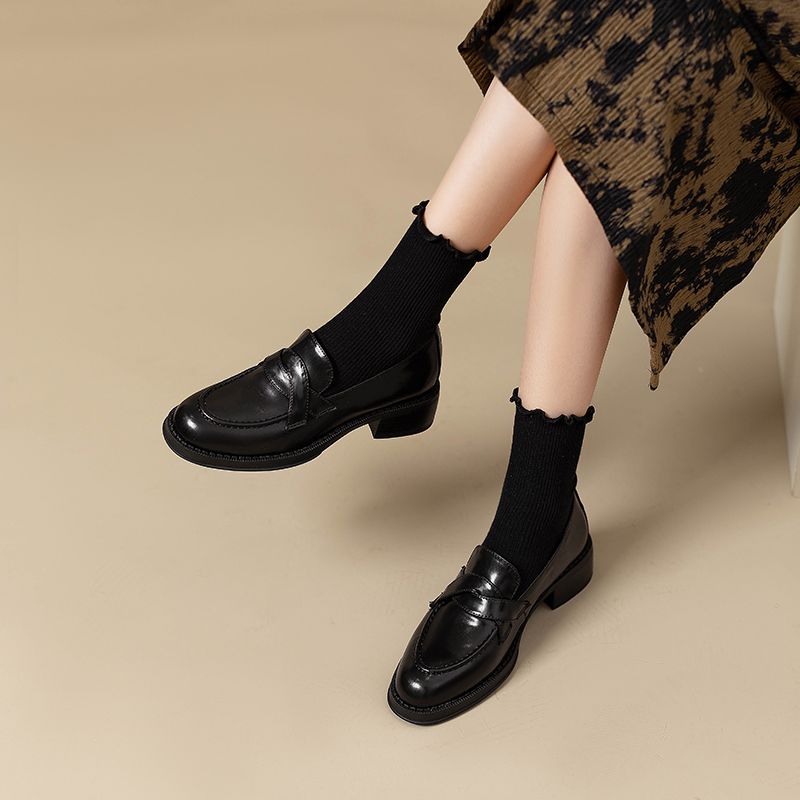 Slipper im Retro-Stil im britischen Stil für Damen, Preppy Commuter, vielseitig einsetzbar, kleines echtes Leder, runde Zehenpartie, klobiger Absatz_voghion.com