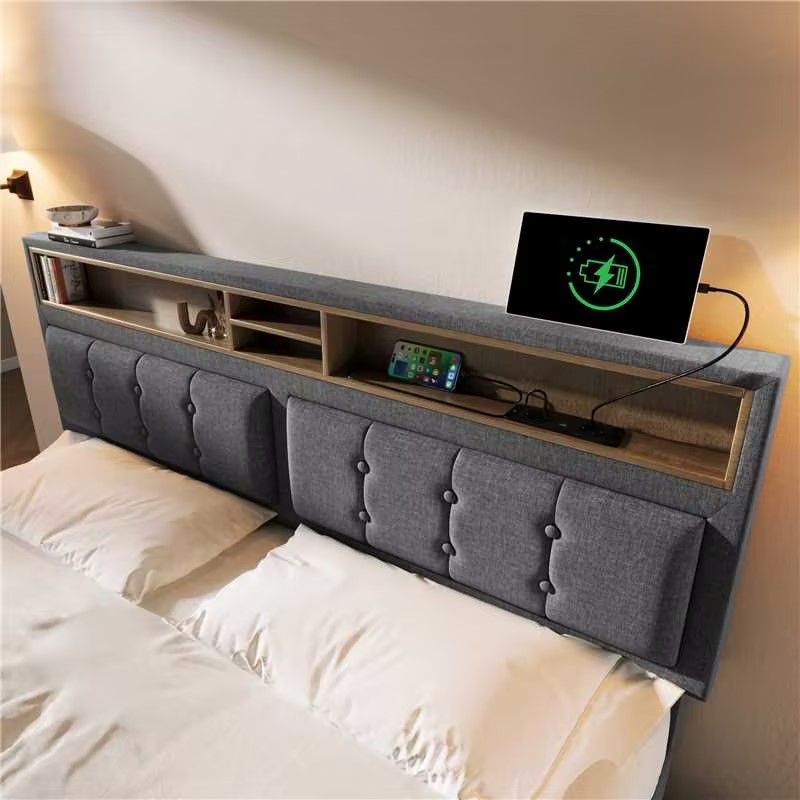 Cadre de lit king size rembourré avec 4 tiroirs et ports de charge USB-C, tête de lit réglable en hauteur, support à lattes en bois, 160 x 200 cm (matelas non inclus)_voghion.com