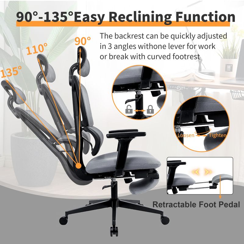 Multi-functional Ergonomic Mesh Office Chair With Adjustable Armrest,Footrest,Lumbar Support, 360° Silent Wheels,Headrest For Home & Office_voghion.com