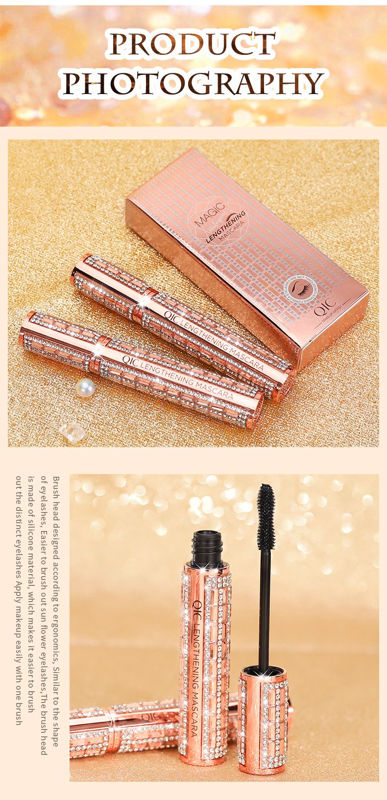 Diamond Mascara, wasserfest, natürlicher Curling, Erdnuss-Silikon-Bürstenkopf, Primer_voghion.com