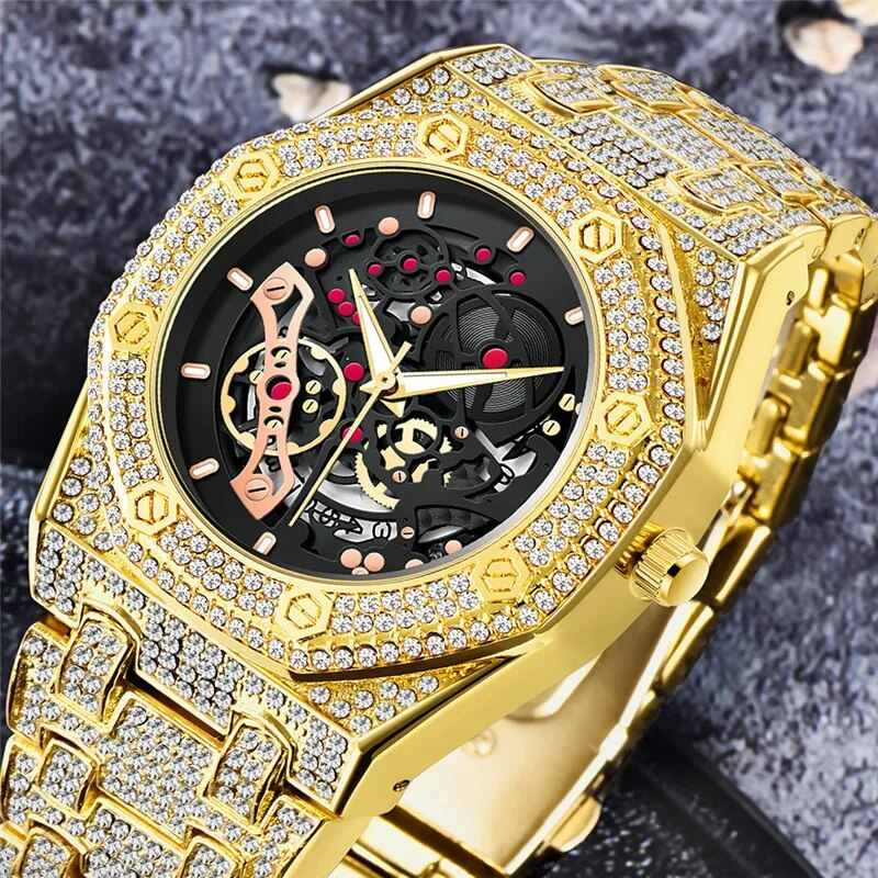 Orologio Bling Iced Out da uomo Hip Hop Uomo con diamanti pieni Orologi Cronografo impermeabile Reloj Hombre Oro_voghion.com