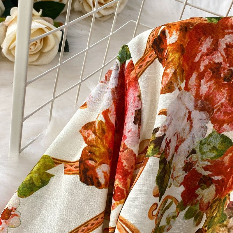 Vêtements pour femmes, style rétro, imprimé, simple boutonnage, revers, chemise à manches longues, taille haute, coupe ajustée, jupe plissée_voghion.com